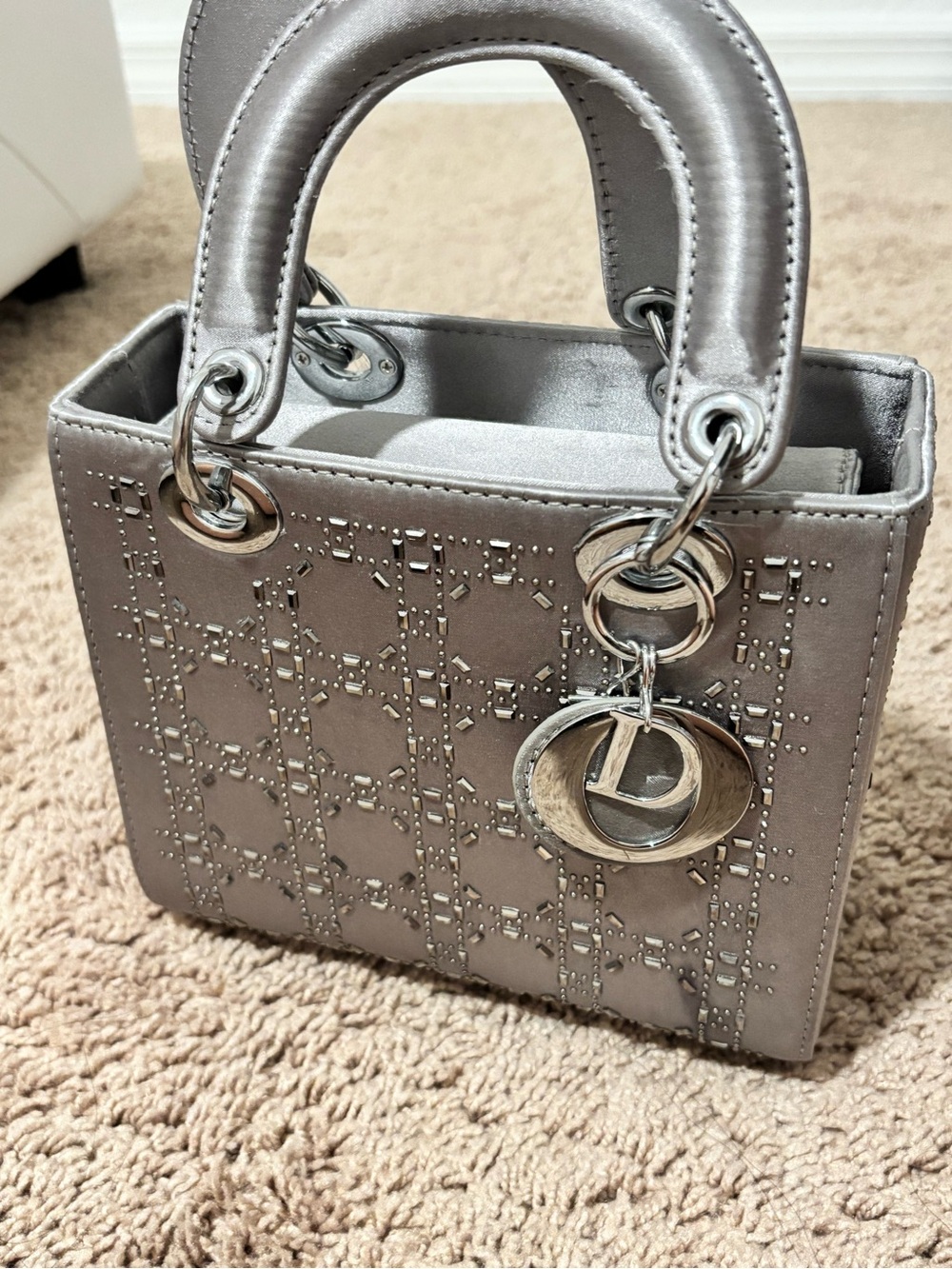Dior Embellished Satin Mini Lady Bag — Silver